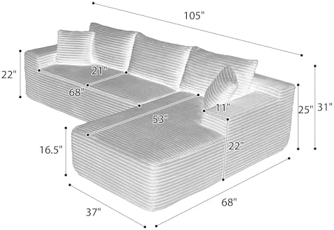 105-Inch L-Shaped Right Facing Corner Compressed Sofa Modular Sectional Boneless Cloud Sofa Floor Foam Couch with Chaise Lounge, Corduroy Corner Boneless Cloud Couch