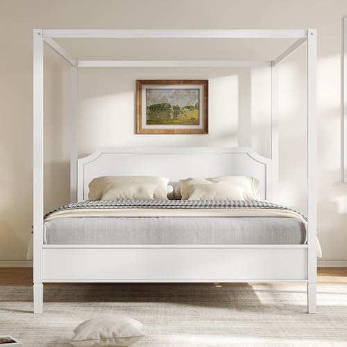 LUMISOL Queen Size Wood Canopy Platform Bed with Headboard, Vintage Four-Poster Platform Beds with Slat Support and Under-Bed Storage Space, 4 Corner Canopy Bed Post Frame, Creamy White