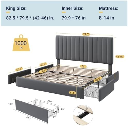 Allewie King Size Storage Bed Frame, Vertical Channel Tufted Adjustable Headboard, Velvet Upholstered Platform Bed with 4 Oversized Underbed Drawers, Wooden Slats Support, No Box Spring Needed, Grey