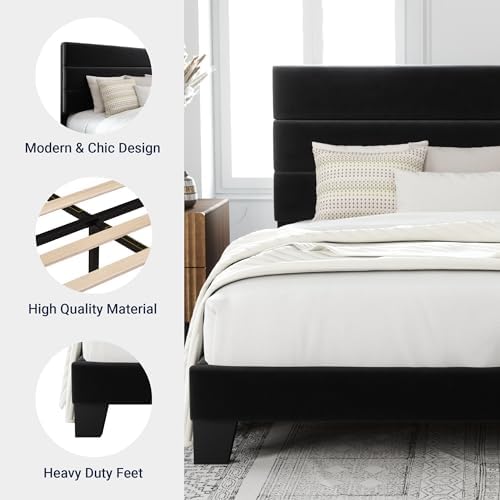 Allewie Queen Size Platform Bed Frame with Velvet Upholstered Headboard