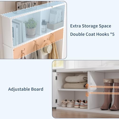 Garvee Farmhouse Hall Tree with Bench and Shoe Storage, 77" Tall Entryway Hall Tree w/ 5 Tri-Hooks Coat Rack, Mudroom Rack w/Bench & Door, Adjustable Shelf, 2 Top Cubbies Storage, Space Saving, White
