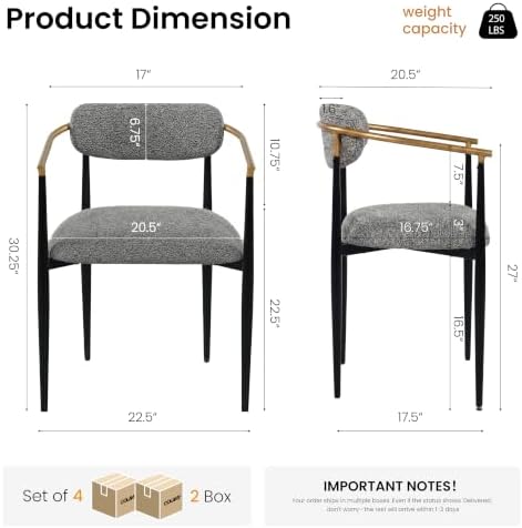 COLAMY Mid Century Modern Dining Chairs Set of 4, Upholstered Kitchen Room Chairs with 3" High-Resilience Cushion, Sturdy Metal Legs and Ergonomic Curved Backrest for Home Office, Grey