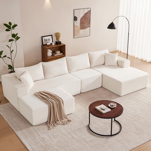 Mangodan 140” Cloud Sectional Couch, Boneless Sofa for Living Room, Modular Sectional Sofa with Deep Seat, Comfy Fluffy U-Shaped Couch with Right-Facing Chaise, No Assembly Required, Beige