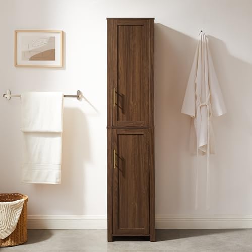 Crosley Furniture Savannah Linen Storage Cabinet, Laundry Room, Bathroom Organizer with Shelves, Walnut