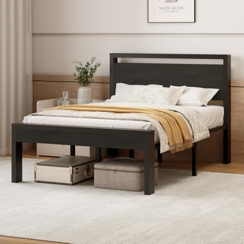 Sweetcrispy 14 Inch Full Metal Bed Frame with Wood Headboard, Black