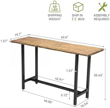 LITTLE TREE Solid Wood Counter Height Table with Metal Footrest - 63-Inch Long Bar Table for Home, Seats up to 6, Easy Assembly, Brown + Black