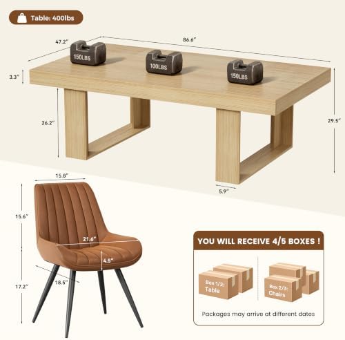 Miereirl 7-Piece Modern Farmhouse Dining Table Set, 86.6" x 47.2" Sturdy Stable Dining Table with 6 Chairs, Rectangular Kitchen Table Set for 6,(Natura Table+6 Brown Chairs)
