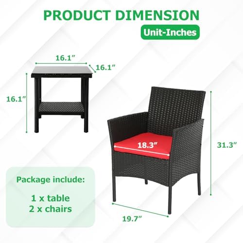 FDW 3-Piece Patio Furniture Set | Black & Red | Outdoor Wicker Furniture