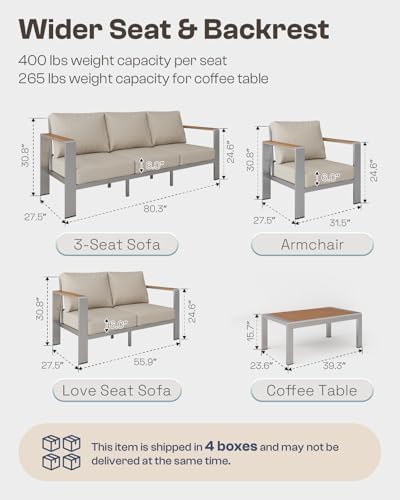 Aluminum Outdoor Patio 3-Seater Sofa Set, All-Weather Outdoor Patio Sofa with 6" Thick Removable & Washable Cushions, Rustproof Patio Outdoor Sofa Couch for Deck, Balcony, Porch, Yard, Silver