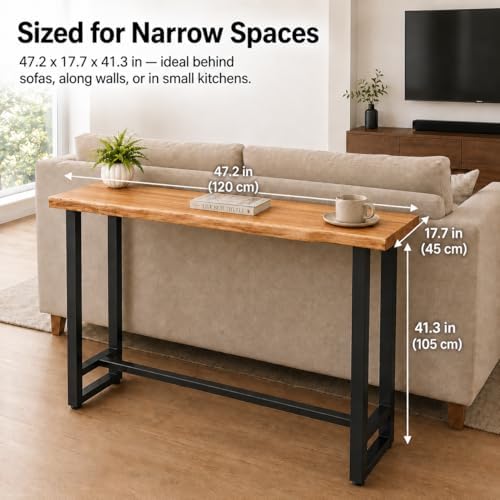 Solid Pine Wood Bar Table 47.2" - Industrial Counter Height Pub Table with Heavy Duty Steel Frame - Narrow High Top Table for Kitchen Island Home Bar & Small Spaces - Rustic Farmhouse (No Stools)