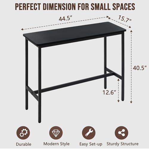 44.5" Bar Table, Pub Table with Adjustable Feet Floor Protector, Narrow Rectangular Kitchen Counter Dining Tables, Sofa High Top Tables with Sturdy Metal Legs, Black
