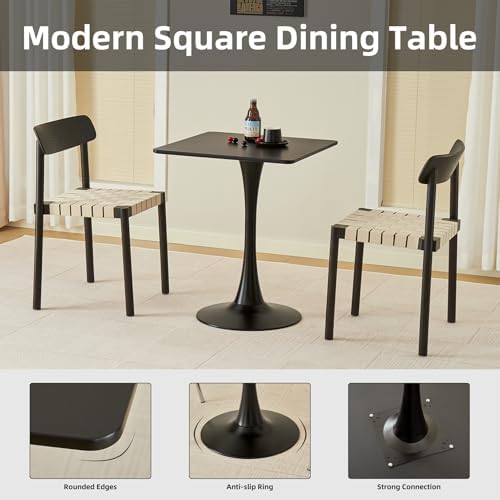 Square Dining Table, 24" Tulip Table with Thickened Tabletop & Metal Pedestal, Mid Century Modern Bistro Table for Kitchen, Small Places, Living Room, Cafe (Black)