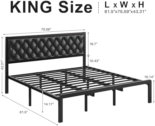 Fluest King Bed Frame with Headboard PU Leather Upholstered Bed Frame Platform,All Metal Slats Support Platform Bed Frame with Storage Space,Easy Assembly,Noise Free,No Box Spring Needed,Black