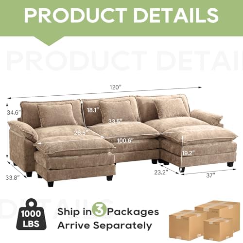 Oprisen 120" Modular Sectional Sofa, Comfy Deep Cloud Couch with Ottoman