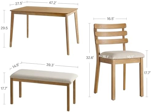 Farmhouse Dining Table Set for 4, Wooden Kitchen Table & Solid Wood Chairs