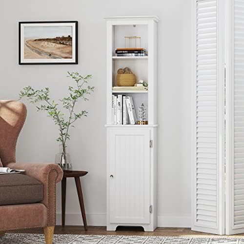UTEX Tall Bathroom Storage Cabinet with Doors & Adjustable Shelves, White | 3 Open Shelves, 2 Adjustable Interior Shelf, Beadboard Door, FSC-Certified Wood, Anti-Tip Device, 64-Inch Tall Linen Tower