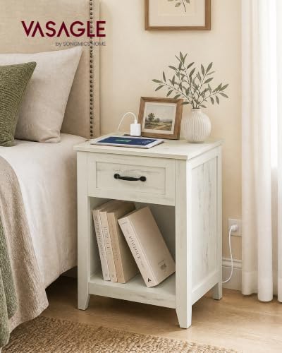 VASAGLE Farmhouse Nightstand with Charging Station, Drawer, Set of 2