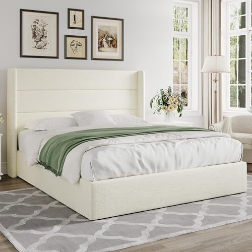 Allewie Full Size Chenille Lift Up Hydraulic Storage Bed Frame Cream White