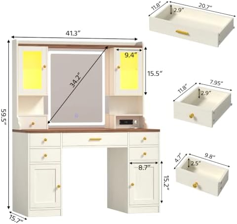 CSZZD Farmhouse Makeup Vanity Desk with Lighted Mirror and RGB Cabinets | Large Vanity Table with Type-C & USB Charging Station, Adjustable 3 Mode Lights Vanity Desk with 6 Drawers & Storage Shelves