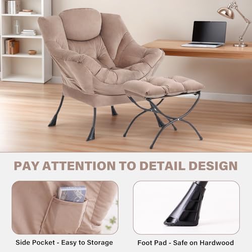 Tiita Lazy Chair with Ottoman, Comfy Reading Accent Chair, Velvet Khaki
