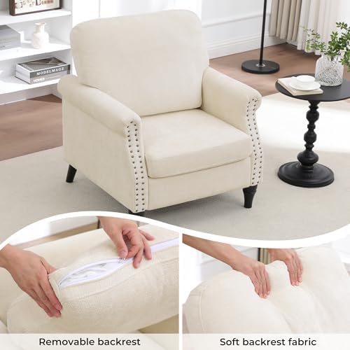 Accent Chair for Living Room, Modern Mid Century Reading Chair Armchair High Back Upholstered Armchair with Wooden Legs for Living Room Bedroom Office (Beige, 1pcs)