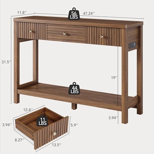 Decofy 47'' Fluted Console Table with Charging Station & 3 Drawers, Walnut