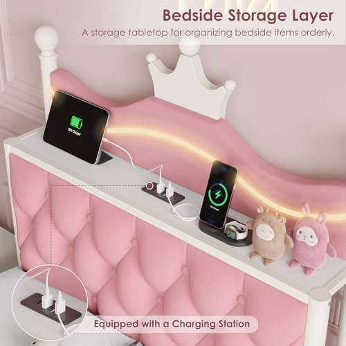 Keyluv Twin Size Upholstered LED Canopy Bed Frame with Charging Station and Drawer, Button Tufted Crown Headboard with Storage Shelf, Two-Purpose Removable Four Poster Design Platform Bed, Pink