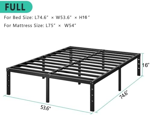 HLIPHA Metal Platform Bed Frame 16 Inch Tall,No Box Spring Needed,Full Size Bed with Heavy Duty Strong Support Slats,Easy to Assemble,Black
