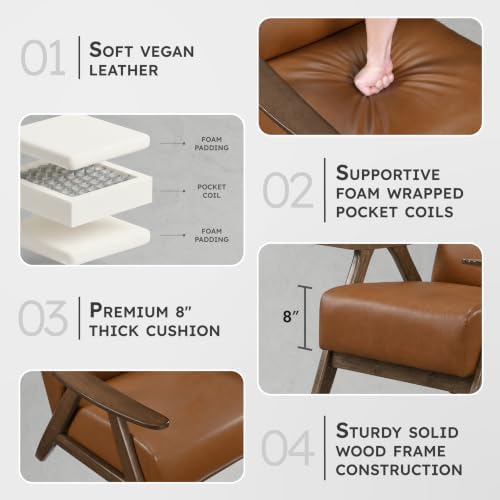 Lexicon Faux Leather Accent Chair with Walnut Wood Frame, Brown