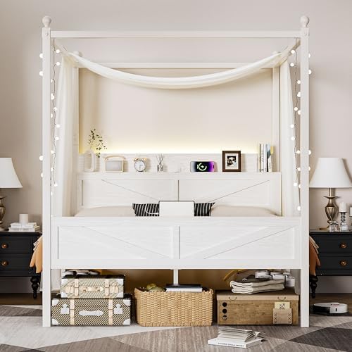 Canopy Bed Frame Full Size with Storage Headboard, Beige