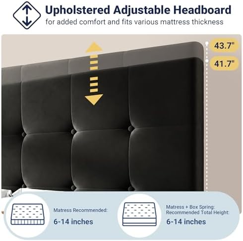 Allewie Queen Size Storage Bed Frame with 4 Underbed Drawers, Upholstered Platform Bed with Adjustable Headboard, Square Button Tufted, Easy Assembly, Noise-Free, No Box Spring Needed, Soft Black
