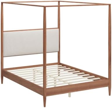 Merax Queen 4-Poster Wood Canopy Bed with Boucle Headboard, Walnut