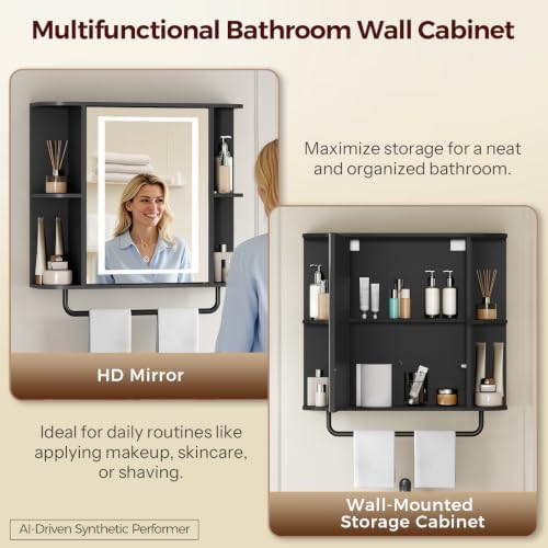 MAHANCRIS Bathroom Wall Cabinet with Mirror, Mirrored Medicine Cabinet with 3 Colors LED Light and 4 Open Shelves, Wall Mounted Storage Cabinets with Adjustable Shelf, 24.7"L x 6.7"W x 26.7"H, Black
