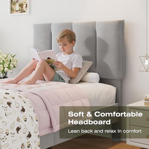 VECELO Twin Size Bed Frame with Upholstered Headboard, Light Grey