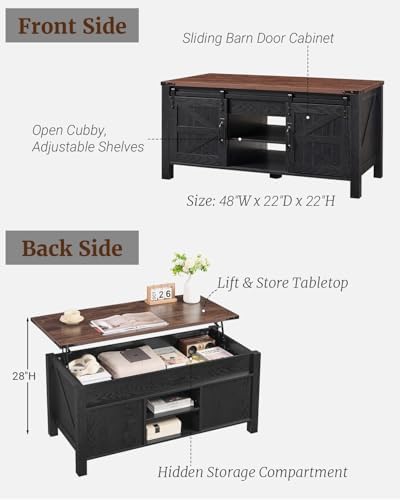 OKD 48" Farmhouse Lift Top Coffee Table, Sliding Barn Door,Black & Walnut
