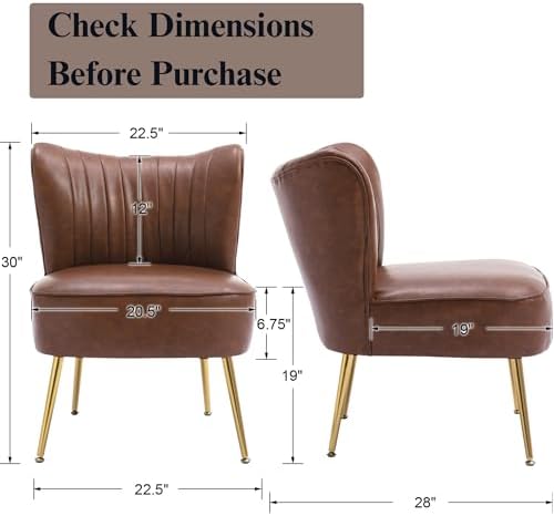 PU Leather Accent Chair Set of 2 - Comfy Armless Slipper Mid Century Side Chair With Golden Legs - Wingback Single Sofa for Living Room, Bedroom, Guest Room - Brown