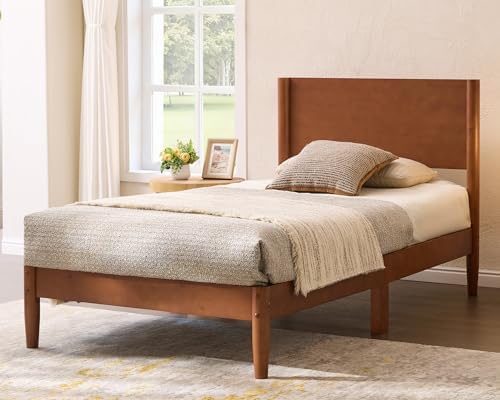 AMERLIFE Solid Wood Twin Bed Frame, Mid Century Bed with Headboard, Brown