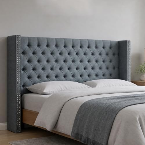 Madison Park Queen Wingback Upholstered Tufted Headboard, Featuring High-Density Sponge Padding, Adjustable Height Headboard, Easy Assembly, Dark Grey Woven