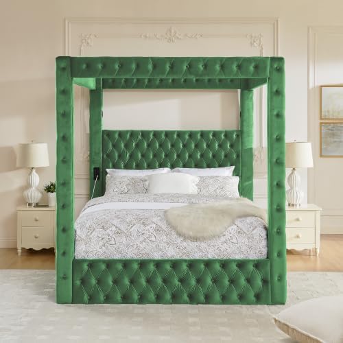 LUMISOL Canopy Bed Frame Queen Size, Velvet Upholstered Platform Bed with Button Tufted Headboard, Four Posters, Built-in Speaker and Charging Station, Heavy Duty Mattress Foundation, Green
