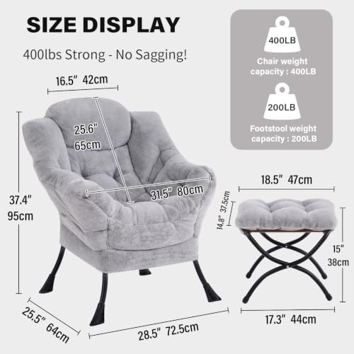 Tiita Lazy Chair with Ottoman, Comfy Reading Accent Chair, Plush Light Grey