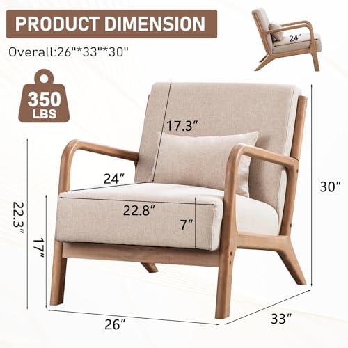 ANJ Mid Century Modern Accent Chairs Set of 2, Single Fabric Lounge Reading Armchair with Solid Wood Frame, Easy Assembly Arm Chairs for Living Room Beige 2