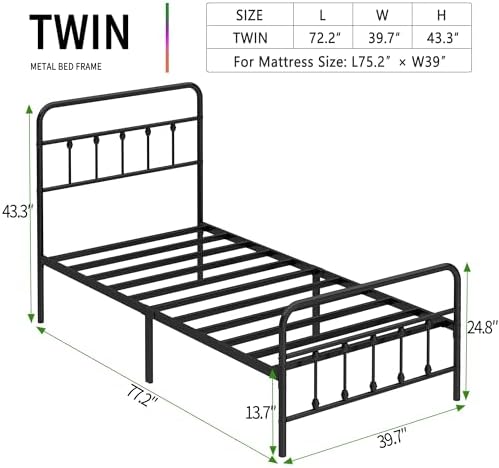 Twin Size Metal Bed Frame with Headboard and Footboard,Black