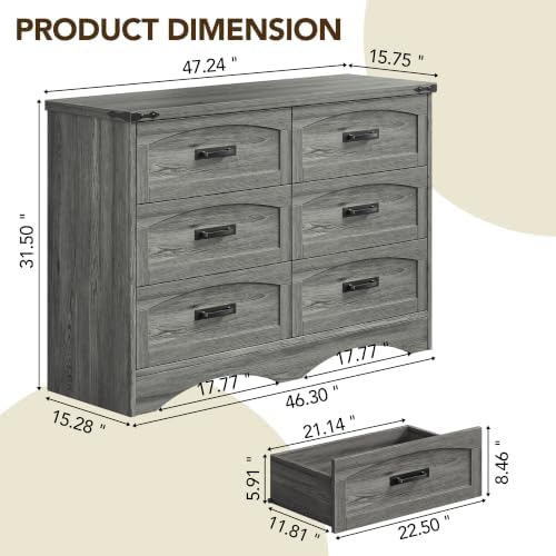 Decofy 47" Farmhouse 6-Drawer Dresser for Bedroom, Grey