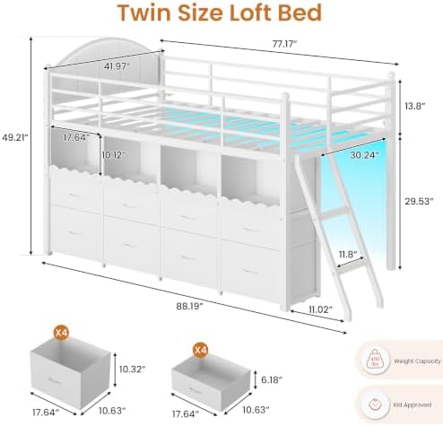 DICTAC Low Loft Bed Twin Size with 8 Drawers, 4 Bookcase & LED Lights,White