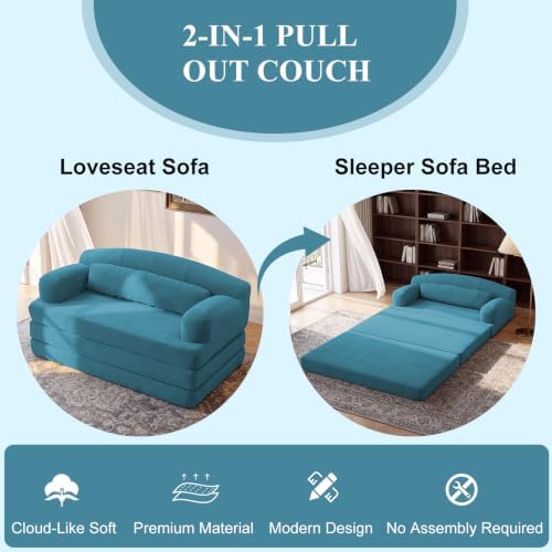 57” Convertible Sleeper Sofa Bed, Boneless Couch, Azure
