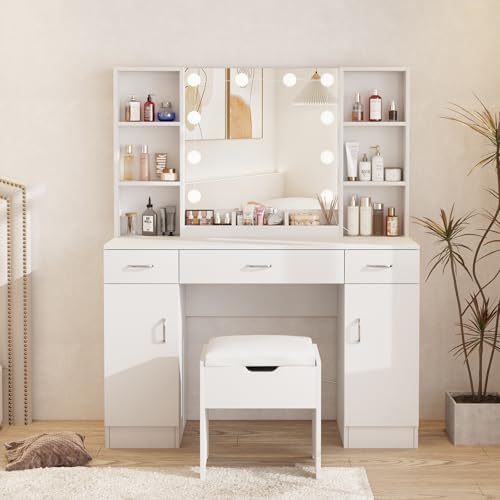 Halitaa Makeup Vanity Desk with Lighted Mirror, White Vanity Set Makeup Table with 3 Drawers, 2 Cabinets and Storage Stool, Large Vanity 45inch, White