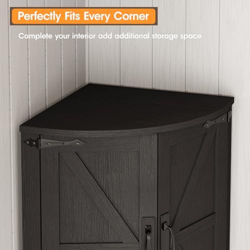 Vabches 64.8" Tall Farmhouse Corner Cabinet with 4 Doors and 5 Storage Shelves, Farmhouse Storage Cabinet with Barn Door Design, Home Space Saver for Living Room, Kitchen, Laundry Room,Black