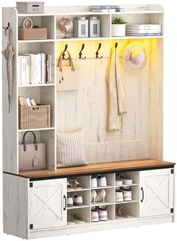 Hzuaneri 59.8" Hall Tree, LED Farmhouse Entryway Storage and Coat Rack Wood, Entryway Furniture with 7 Hooks, Hall Tree with Bench and Storage, 6 Storages Partitions Shoe Bench, Rustic White HT24814B