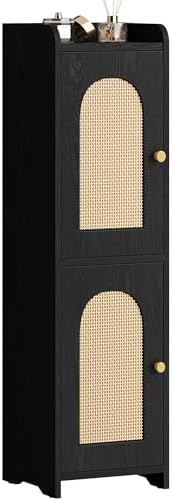 Hzuaneri Bathroom Storage Cabinet, Small Corner Floor Cabinet with 2 Doors | Narrow Toilet Paper Cabinets with Adjustable Shelf, Bathroom Organizer for Small Spaces, 7.9"D x 7.9"W x 29.5"H Rattan Black