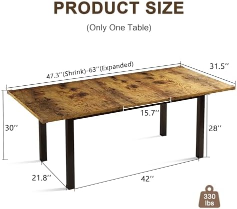 Einhomn Extendable Dining Table for 4-6, 63" Modern Kitchen Table, Farmhouse Dining Room Tables for Dining, Kitchen, Office, Living Room, Rectangular Wooden Tables, Space Saving (Rustic Brown)